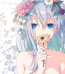 Rule 34 | 1girl, blue eyes, bright pupils, completely nude, copyright request, earrings, fingernails, flower, flower over mouth, grey hair, hair between eyes, hair flower, hair ornament, hand up, holding, holding flower, jewelry, looking at viewer, nude, pink flower, solo, stud earrings, toosaka asagi, upper body, white flower, yellow flower