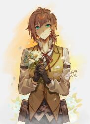 Rule 34 | 1boy, belt pouch, bob cut, brown hair, dated, double-parted bangs, eiyuu densetsu, elliot craig, floral background, flower, gloves, green eyes, holding, holding flower, jacket, looking at viewer, open mouth, orchid, portrait, pouch, saymel679, sen no kiseki, sen no kiseki iii, shaded face, short hair, smile, solo, twitter username