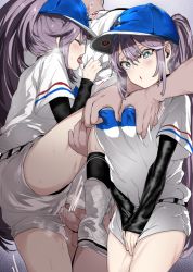 Rule 34 | 013 (hamsasuke), 1boy, 1girl, arm warmers, azur lane, baseball cap, baseball uniform, black socks, blue eyes, blush, boots, bottomless, grabbing another&#039;s breast, breasts, closed eyes, covered erect nipples, covering privates, covering crotch, cowboy shot, eyebrows hidden by hair, grabbing, grabbing from behind, grey background, grey hair, hair between eyes, hair through headwear, hat, heavy breathing, intrepid (azur lane), intrepid (one intrepid pitch) (azur lane), kneehighs, large breasts, leg grab, leg up, long hair, looking down, motion lines, multiple views, open mouth, penis, ponytail, shirt, shirt grab, short shorts, short sleeves, shorts, sidelocks, socks, sportswear, standing, standing on one leg, sweat, testicles, tongue, tongue out, uncensored, very long hair, white footwear, white shirt, white shorts