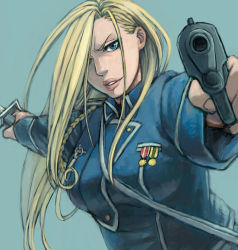 Rule 34 | 00s, 1girl, aiguillette, aiming, aiming at viewer, blonde hair, blue eyes, dual wielding, fullmetal alchemist, gun, hair over one eye, handgun, holding, lips, long hair, military, military uniform, mukuo, olivier mira armstrong, pistol, simple background, smile, solo, uniform, weapon