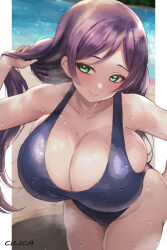 Rule 34 | 1girl, artist name, blush, breasts, bursting breasts, cameltoe, cilica, cleavage, collarbone, cowboy shot, green eyes, groin, holding, holding hair, huge breasts, lips, love live!, love live! school idol project, one-piece swimsuit, pillarboxed, pool, purple hair, school swimsuit, skindentation, smile, solo, swimsuit, tiles, tojo nozomi, twintails, water, wet