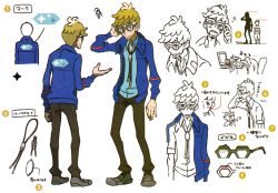 Rule 34 | 3boys, adjusting eyewear, arm up, artist request, blonde hair, blue jacket, blue shirt, brown-framed eyewear, brown footwear, brown pants, closed mouth, creatures (company), elio (pokemon), from behind, from side, full body, game freak, glasses, grey eyes, hand up, happy, jacket, japanese text, jewelry, long sleeves, looking at viewer, male focus, molayne (pokemon), multiple boys, necklace, nintendo, official art, open clothes, open jacket, pants, partially colored, pokemon, pokemon sm, profile, semi-rimless eyewear, shirt, shoes, short hair, short sleeves, smile, sophocles (pokemon), sparkle, standing, translation request, upper body