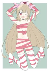 Rule 34 | 1girl, absurdres, arms up, bad id, bad twitter id, breasts, brown hair, commentary request, donguri suzume, hair ornament, hat, highres, long hair, naked ribbon, natori sana, navel, nurse cap, one eye closed, open mouth, red eyes, ribbon, sana channel, simple background, small breasts, solo, thighhighs, virtual youtuber, white background