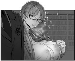 Rule 34 | 1boy, 1girl, blush, breasts, covered erect nipples, exhibitionism, flashing, glasses, head out of frame, heart, hime cut, large breasts, library, monochrome, necktie, nipples, no bra, one breast out, open mouth, perky breasts, public indecency, puffy nipples, steam, yoshiragi