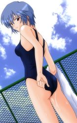 Rule 34 | adjusting clothes, adjusting swimsuit, ayanami rei, blue hair, buzzer, chain-link fence, cloud, count zero, day, fence, highres, neon genesis evangelion, one-piece swimsuit, red eyes, school swimsuit, short hair, sky, solo, swimsuit, towel, wet