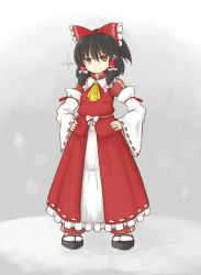 Rule 34 | &gt;:), 1girl, adapted costume, alternate costume, ascot, black hair, bow, brown eyes, clog sandals, detached sleeves, female focus, hair bow, hakurei reimu, hands on own hips, jacket, japanese clothes, miko, nice (artist), pants, sandals, short hair, solo, sparkle, touhou, track jacket, track pants, track suit, v-shaped eyebrows, zouri