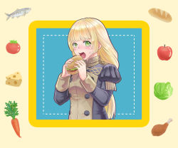 Rule 34 | 1girl, apple, beige background, black jacket, blonde hair, blunt bangs, blush, bread, burger, carrot, cheese, chicken leg, fire emblem, fire emblem: three houses, fish, food, fruit, garreg mach monastery uniform, green eyes, hands up, holding, holding food, ingrid brandl galatea, jacket, juliet sleeves, lettuce, long hair, long sleeves, looking at viewer, nintendo, open mouth, puffy sleeves, shio robin, solo, sweat, tomato, upper body, yellow background