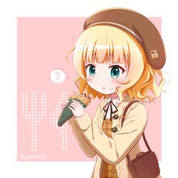 Rule 34 | 1girl, ?, bag, beret, black ribbon, blonde hair, blue eyes, blush, brown dress, brown hat, brown jacket, collared shirt, commentary request, crepe, dress, dress shirt, food, food on face, fruit, gochuumon wa usagi desu ka?, goth risuto, hands up, hat, holding, holding food, jacket, kirima syaro, long sleeves, neck ribbon, open clothes, open jacket, parted lips, pink background, plaid, plaid dress, ribbon, shirt, shoulder bag, sleeves past wrists, solo, spoken question mark, strawberry, twitter username, two-tone background, white background, white shirt