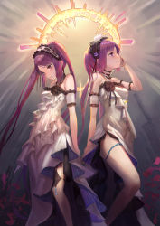 Rule 34 | 2girls, absurdres, armband, back-to-back, bare shoulders, beads, blush, choker, dress, euryale (fate), fate/grand order, fate/hollow ataraxia, fate (series), frilled choker, frilled hairband, frills, hairband, hand up, highres, holding hands, lard (kumazakiyuta), legs, light smile, long hair, looking afar, looking away, looking down, matching outfits, multiple girls, petals, purple eyes, purple hair, siblings, side slit, sisters, smile, standing, stheno (fate), strapless, strapless dress, thighlet, thighs, twins, twintails, very long hair