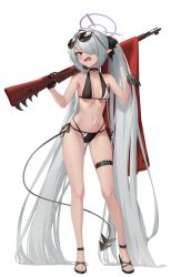 Rule 34 | 1girl, bare arms, bare legs, bare shoulders, bikini, black bikini, black gloves, black tail, blue archive, blush, breasts, collarbone, dark-skinned female, dark skin, demon tail, eyewear on head, gloves, grey hair, gun, hair over one eye, halo, highres, holding, holding gun, holding weapon, iori (blue archive), iori (swimsuit) (blue archive), long hair, navel, official alternate costume, open mouth, pjman, pointy ears, purple halo, red eyes, sandals, small breasts, solo, sunglasses, swimsuit, tail, toes, twintails, weapon