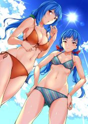 Rule 34 | 2girls, bikini, blue hair, blue skirt, breasts, cleavage, collarbone, cowboy shot, day, dutch angle, from below, front-tie bikini top, front-tie top, gluteal fold, green bikini, halterneck, hands on own hips, large breasts, low twintails, lowleg, lowleg bikini, multiple girls, navel, orange bikini, orange eyes, outdoors, siblings, side-tie bikini bottom, sisters, skindentation, skirt, small breasts, standing, stomach, sugarbeat, sunlight, swimsuit, thighs, twintails