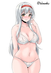 Rule 34 | 1girl, blush, bra, breasts, brown eyes, cleavage, cowboy shot, hairband, highres, kantai collection, large breasts, long hair, looking at viewer, nose blush, panties, red hair, shoukaku (kancolle), simple background, solo, standing, stomach, takomeshi, twitter username, underwear, underwear only, white background, white bra, white hair, white panties