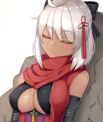 Rule 34 | 1girl, ahoge, bare shoulders, black bow, board game, bow, breasts, cleavage, cleavage cutout, closed eyes, clothing cutout, commentary request, dark-skinned female, dark skin, fate/grand order, fate (series), go (board game), hair between eyes, hair bow, hair ornament, jibako, koha-ace, large breasts, long hair, okita souji (fate), okita souji (koha-ace), okita souji alter (fate), okita souji alter (first ascension) (fate), red scarf, rock, scarf, simple background, solo, underbust, very long hair, white hair