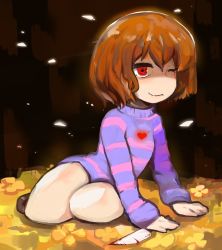 Rule 34 | androgynous, bleeding, blood, brown hair, flower, flower bed, frisk (undertale), full body, gender request, hands on ground, hasso (goodbad963), heart, knife, legs folded, long sleeves, no panties, no pants, one eye closed, purple shirt, red eyes, shirt, short hair, sitting, solo, striped clothes, striped shirt, undertale, yokozuwari