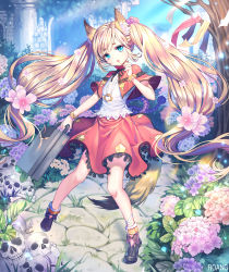 Rule 34 | 1girl, animal ears, blonde hair, blouse, blue eyes, blush, briefcase, day, flower, fox ears, fox tail, full body, hair bobbles, hair ornament, head tilt, holding, holding briefcase, hydrangea, legs apart, long hair, looking at viewer, original, parted lips, roang, shirt, skull, solo, standing, swept bangs, tail, tree, twintails, very long hair, white shirt