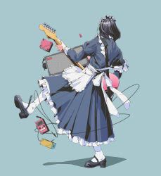 Rule 34 | 1girl, absurdres, amplifier, apron, black hair, blue background, blue dress, bow, dress, electric guitar, facing away, full body, guitar, headphones, highres, instrument, long sleeves, maid, maid apron, maid headdress, music, original, playing instrument, robot0403, shoe dangle, simple background, solo, standing, standing on one leg, white apron, white bow, wire