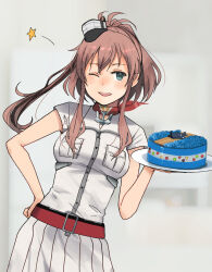 Rule 34 | 1girl, anchor, anchor symbol, annin musou, blue eyes, breast pocket, brown hair, cake, commentary request, commission, cowboy shot, dress, food, hair between eyes, highres, kantai collection, long hair, looking at viewer, neckerchief, pocket, ponytail, red neckerchief, saratoga (kancolle), side ponytail, sidelocks, smokestack, smokestack hair ornament, solo, white dress