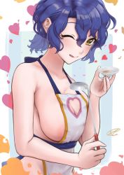 Rule 34 | 1girl, apron, blue hair, breasts, brown eyes, c (theta), cleavage, cleavage cutout, clothing cutout, heart, heart cutout, highres, holding, holding ladle, idolmaster, idolmaster million live!, ladle, large breasts, licking lips, naked apron, one eye closed, plate, short hair, sideboob, solo, tasting plate, tongue, tongue out, toyokawa fuka, upper body
