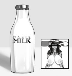Rule 34 | 1girl, animal ears, animal print, blunt bangs, blush, bottle, breast milk, breasts, cape, censored, covered eyes, cow ears, cow girl, cow horns, cow print, ear tag, gloves, hat, horns, houtengeki, identity censor, inverted nipples, large areolae, large breasts, long hair, milk bottle, navel, nipples, original, witch hat