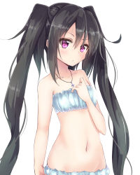Rule 34 | 1girl, amano kouki, bare arms, black hair, cinderella bust, collarbone, commentary request, cross, hair between eyes, hand on own chest, highres, jewelry, long hair, navel, necklace, note-chan, original, purple eyes, revision, simple background, solo, twintails, underwear, underwear only, very long hair, white background