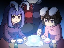 Rule 34 | 3girls, :|, animal ears, black hair, bowl, breasts, buttons, cherenkov radiation, closed mouth, commentary, cube, empty eyes, glowing, head out of frame, inaba tewi, jitome, large breasts, long hair, long sleeves, multiple girls, open mouth, plate, purple hair, rabbit ears, reisen udongein inaba, rice, shirosato, short hair, smile, touhou, tray, triangle mouth, yagokoro eirin