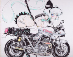 Rule 34 | 1girl, adapted costume, ass, backpack, bag, bent over, between thighs, blue eyes, blush, boots, breast rest, breasts, character name, cherry blossoms, colorized, crotch rub, female focus, ghost, hairband, hitodama, katana, knee boots, konpaku youmu, konpaku youmu (ghost), large breasts, looking at viewer, motor vehicle, motorcycle, okiraku nikku, panties, revealing clothes, scabbard, sheath, sheathed, shikishi, short hair, silver hair, solo, sword, thighs, touhou, traditional media, underboob, underwear, vehicle, weapon, white panties