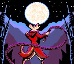 Rule 34 | 1girl, animal ears, castlevania (series), castlevania iv, coat, coattails, fighting, furry, mina, mina (mina the hollower), mina the hollower, moon, mouse ears, mouse tail, notched ear, parody, pixel art, style parody, tail, weapon, yacht club games