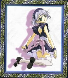 Rule 34 | 1girl, apron, border, bow, dnangel, dress, female focus, framed, from behind, full body, green eyes, grey hair, headdress, jpeg artifacts, kneeling, looking at viewer, looking back, lowres, maid, maid apron, official art, open mouth, ornate border, shoes, solo, thighhighs, towa no shirube, white thighhighs, wrist cuffs, zettai ryouiki