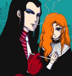 Rule 34 | 2boys, androgynous, aqua background, black hair, cigarette, earrings, eyeshadow, floral background, formal, gloves, hair over one eye, jack barbarosa bancoran, jewelry, kao, long hair, makeup, maraich juschenfe, multiple boys, official style, orange hair, patalliro!, red gloves, smoke, smoking, stud earrings, suit, trap, upper body, victorian
