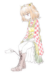Rule 34 | 1girl, :o, apron, bell, boots, bow, brown footwear, character name, checkered clothes, clothes writing, commentary request, cross-laced footwear, disembodied limb, hair bell, hair ornament, highres, japanese clothes, kimono, long sleeves, motoori kosuzu, naegi (naegidokoro), red eyes, red hair, romaji text, sash, short hair, simple background, solo focus, touhou, tying footwear, waist bow, white background, wide sleeves, yellow apron