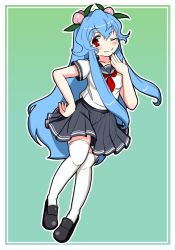 Rule 34 | 1girl, alternate costume, blue hair, blush stickers, eruru (erl), food, fruit, hand on own hip, hand to own mouth, highres, hinanawi tenshi, long hair, looking at viewer, miniskirt, pleated skirt, red eyes, school uniform, serafuku, shoes, skirt, smile, solo, thighhighs, touhou, very long hair, white thighhighs, wince