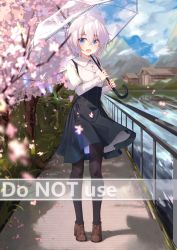 Rule 34 | 1girl, :d, black pantyhose, black skirt, blue eyes, breasts, brown footwear, collared shirt, commentary request, day, dress shirt, english text, hair between eyes, high heels, highres, holding, holding umbrella, juliet sleeves, long sleeves, looking at viewer, meme attire, mo (pixiv9929995), mountain, open mouth, original, outdoors, pantyhose, puffy sleeves, railing, river, shirt, shoes, skirt, small breasts, smile, solo, standing, suspender skirt, suspenders, transparent, transparent umbrella, tree, umbrella, virgin killer outfit, water, watermark, white hair, white shirt