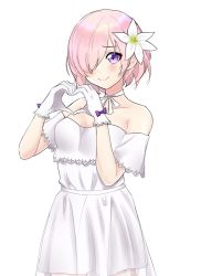 Rule 34 | 1girl, bare shoulders, blush, breasts, cleavage, closed mouth, collarbone, commission, dress, fate/grand order, fate (series), flower, gloves, hair flower, hair ornament, hair over one eye, heart, heart hands, highres, large breasts, looking at viewer, mash kyrielight, mash kyrielight (formal dress), off-shoulder dress, off shoulder, official alternate costume, pink hair, purple eyes, short hair, smile, solo, sweetie cyanide, wedding dress, white dress, white gloves
