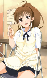 Rule 34 | 1girl, :d, apron, bad id, bad pixiv id, brown eyes, brown hair, chair, cotton ball, grin, haine, highres, long hair, mimikaki, open mouth, ponytail, sitting, smile, solo, taneshima popura, waitress, working!!
