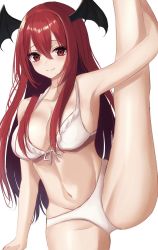 Rule 34 | 1girl, 7saki, bad id, bad twitter id, bat wings, bikini, blush, breasts, cleavage, feet out of frame, head wings, highres, koakuma, large breasts, long hair, navel, red eyes, red hair, simple background, smile, solo, split, standing, standing on one leg, standing split, swimsuit, touhou, very long hair, white background, wings