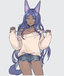 Rule 34 | 1girl, :3, animal ears, aqua eyes, blue hair, blue shorts, casual, closed mouth, collarbone, cowboy shot, dark-skinned female, dark skin, fate/grand order, fate (series), hands up, katagiri (mighty swing), long hair, looking at viewer, off shoulder, parted bangs, queen of sheba (fate), short shorts, shorts, simple background, sleeves past wrists, smile, solo, sweater, sweater tucked in, white background, white sweater