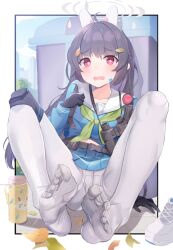 Rule 34 | 1girl, arm at side, binoculars, black gloves, black hair, blue archive, blue serafuku, blue shirt, blue skirt, blush, border, bright pupils, cameltoe, chikoku, collarbone, commentary request, day, feet, foreshortening, frown, full body, gloves, green neckerchief, grey halo, hair between eyes, halo, hand up, highres, knees apart feet together, leaf, leaf on head, leaning back, long hair, looking at viewer, miyu (blue archive), neckerchief, no shoes, open mouth, outdoors, panties, panties under pantyhose, pantyhose, red eyes, sailor collar, school uniform, serafuku, shirt, shoes, sitting, skirt, sneakers, soles, solo, sweatdrop, thermos, toes, trash can, underwear, unworn shoes, wavy mouth, white border, white footwear, white pantyhose, white sailor collar