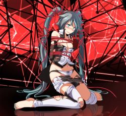 Rule 34 | 1girl, alternate hair color, aqua eyes, aqua nails, bare shoulders, barefoot, bdsm, blue nails, blush, bondage, bound, bow, bow panties, breasts, cable, cleavage, crying, detached sleeves, full body, groin, hatsune miku, highres, long hair, nail polish, panties, project diva (series), red background, shirt, skirt, small breasts, solo, torn clothes, torn shirt, torn skirt, torn sleeves, tsukishiro saika, twintails, underwear, very long hair, vocaloid