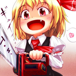 Rule 34 | 1girl, ascot, black dress, blonde hair, chainsaw, chibi, chocolate candy, dress, embodiment of scarlet devil, fang, female focus, hair ribbon, heart, janas, open mouth, red eyes, ribbon, rumia, shirt, short hair, smile, solo, touhou