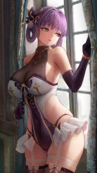 Rule 34 | 1girl, absurdres, bare shoulders, bracelet, breasts, brown thighhighs, chrysa ( sa0ru), cleavage, cowboy shot, curtain grab, curtains, elbow gloves, gloves, green eyes, hair ornament, hair rings, highres, indoors, jewelry, large breasts, leotard, looking away, looking to the side, lume sangria (chrysa), non-web source, original, parted lips, purple gloves, purple hair, purple leotard, short hair, solo, standing, thighhighs, white leotard, window