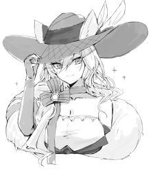 Rule 34 | 1girl, animal ears, arknights, bare shoulders, breasts, cat ears, choker, cleavage, commentary request, cropped torso, duplicate, ears through headwear, elbow gloves, feather boa, gloves, greyscale, hair between eyes, hat, heidi (arknights), highres, horn/wood, large breasts, long hair, looking at viewer, monochrome, pixel-perfect duplicate, simple background, solo, upper body, white background