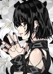 Rule 34 | 1girl, black hair, black nails, black shirt, chain, comeo (komeo15), cross, cross earrings, detached sleeves, ear piercing, earrings, facial tattoo, flower, from side, goth fashion, grey eyes, hands up, highres, jewelry, lily (flower), looking to the side, nail polish, original, own hands together, parted lips, piercing, portrait, ring, shirt, short hair, solo, tattoo