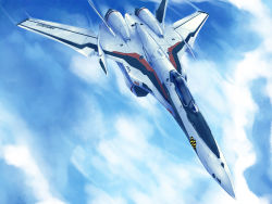 Rule 34 | aircraft, airplane, cloud, day, highres, jet, macross, macross frontier, mecha, no humans, robot, s.m.s., sky, vehicle focus, vf-25