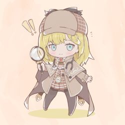 Rule 34 | !, !!, 1girl, blonde hair, blue eyes, chibi, commentary, detective, highres, holding, holding magnifying glass, hololive, hololive english, magnifying glass, medium hair, metaru, open hand, solo, stethoscope, virtual youtuber, watson amelia, watson amelia (1st costume)