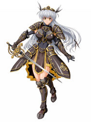Rule 34 | alternate color, armor, breasts, copyright request, forehead protector, highres, long hair, raochuu, rapier, silver hair, smile, sword, weapon, yellow eyes