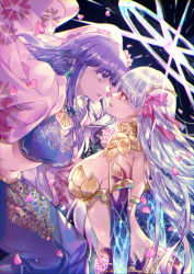 Rule 34 | 2girls, armlet, armor, ass, back, bikini armor, blue shirt, blue skirt, breasts, circlet, collar, cropped shirt, earrings, fate/grand order, fate (series), floral print, hair ribbon, halo, highres, indian clothes, japanese clothes, jewelry, kama (beast iii/l) (fate), kama (fate), kimono, large breasts, long hair, long skirt, looking to the side, matou sakura, metal collar, midriff, multiple girls, navel, necklace, open clothes, open kimono, parted lips, parvati (fate), petals, pink kimono, pink ribbon, purple eyes, purple hair, red eyes, ribbon, sagta panggang, shirt, short sleeves, silver hair, skirt