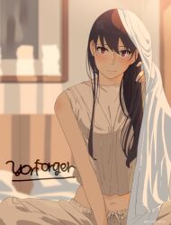 Rule 34 | 1girl, bare shoulders, black hair, blanket, blurry, blurry background, blush, character name, closed mouth, commentary, crop top, ear blush, f11417073, hair between eyes, highres, indian style, indoors, long hair, looking at viewer, midriff peek, morning, navel, red eyes, sitting, sleepwear, solo, spy x family, tank top, twitter username, white tank top, yor briar