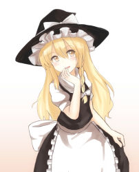 Rule 34 | 1girl, :d, apron, bad id, bad pixiv id, black dress, blonde hair, blush, bow, braid, dress, gradient background, hand to own mouth, hat, hat bow, kei (zenryokutokkyu), kirisame marisa, large bow, long hair, looking up, open mouth, puffy short sleeves, puffy sleeves, sash, short sleeves, single braid, skirt hold, smile, solo, touhou, turtleneck, waist apron, witch, witch hat, yellow eyes