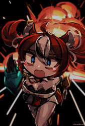 Rule 34 | 1girl, ahoge, animal ears, artist name, asymmetrical sleeves, bare shoulders, black gloves, black skirt, blue eyes, blurry, blush, blush visible through hair, breasts, cleavage, commentary, dark background, detached sleeves, dutch angle, ear ornament, explosion, eyebrows hidden by hair, fang, fleeing, floating hair, gloves, hair between eyes, hakos baelz, hololive, hololive english, long sleeves, looking at viewer, makaroll, medium breasts, medium hair, miniskirt, mismatched sleeves, motion blur, mouse ears, multicolored clothes, multicolored hair, multicolored skirt, open mouth, pleated skirt, puffy long sleeves, puffy sleeves, red hair, red skirt, running, sanpaku, shirt, sidelocks, single glove, skirt, solo, speed lines, strapless, strapless shirt, streaked hair, surprised, tearing up, thigh strap, twintails, virtual youtuber, white hair, white shirt, white skirt