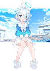 Rule 34 | 1girl, :d, arona (blue archive), blue archive, blue eyes, blue shirt, blue sky, blush, bow, braid, cloud, day, full body, hair ornament, hair over one eye, hair ribbon, hands on own knees, highres, long sleeves, looking at viewer, multicolored hair, neckerchief, nyoro (nyoronyoro000), open mouth, outdoors, pleated skirt, ribbon, sailor collar, school uniform, serafuku, shirt, shoes, silver hair, sitting, skirt, sky, smile, solo, sparkle, white bow, white footwear, white sailor collar, white shirt, white skirt
